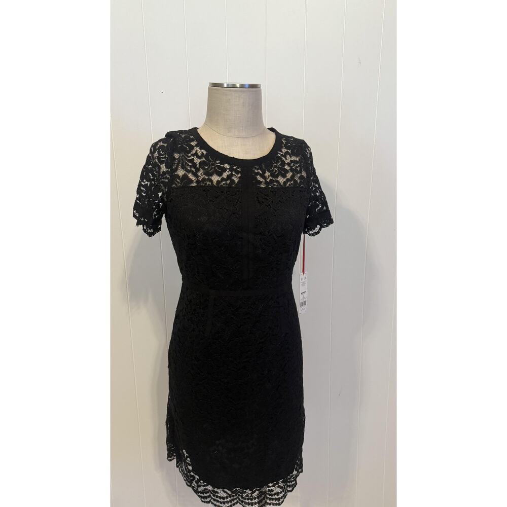 Elle Dress Womens 6 Black Lace Short Sleeve Sheath Little Black Dress Party New - Picture 1 of 11